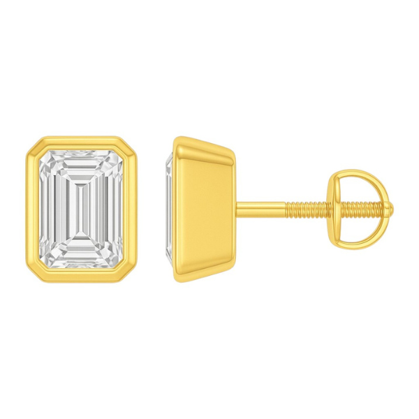 Emerald Cut 14K Solid Gold Bezel Setting Solitaire Diamond Earrings Stud - IGI Certified