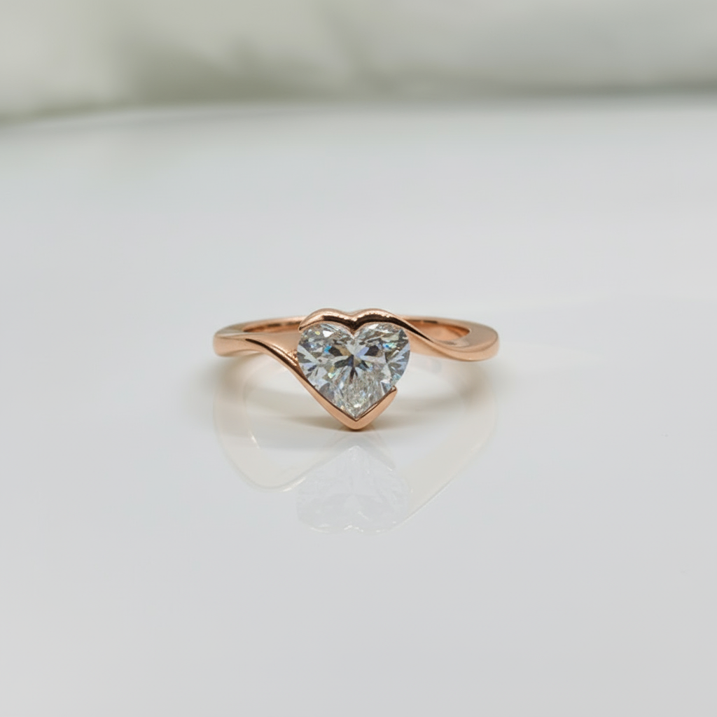 Heart Shape Solitaire Diamond Bypass Setting 14K Solid Gold Ring-5