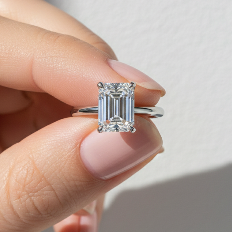 Emerald Cut Diamond Solitaire 14K Solid Gold Engagement Ring IGI Certified-0