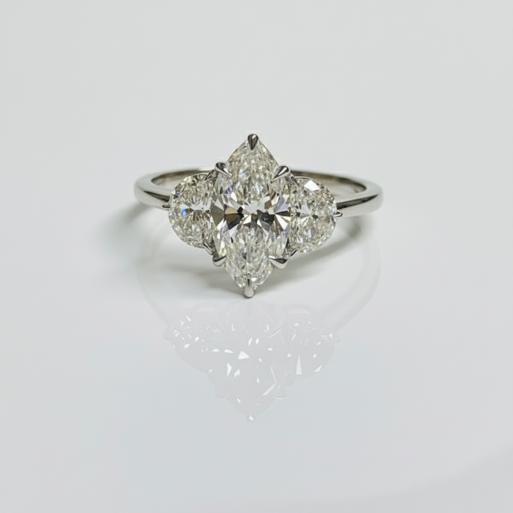 Marquise Cut Diamond 3 Stone Side Moon 14K Solid Gold Engagement Ring-2