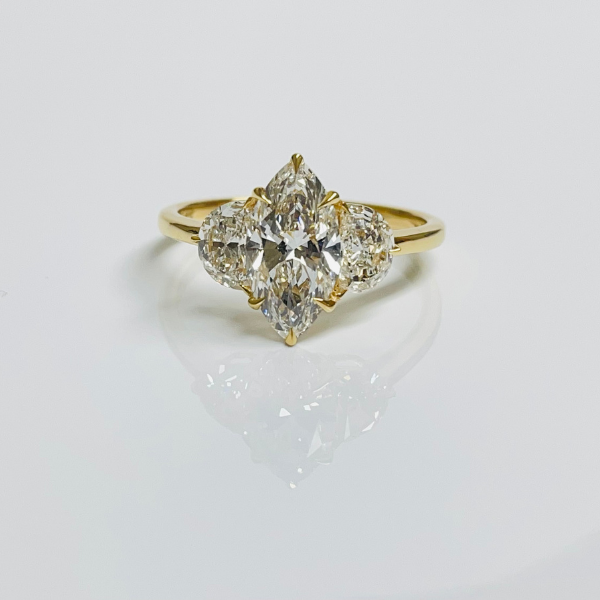 Marquise Cut Diamond 3 Stone Side Moon 14K Solid Gold Engagement Ring-1