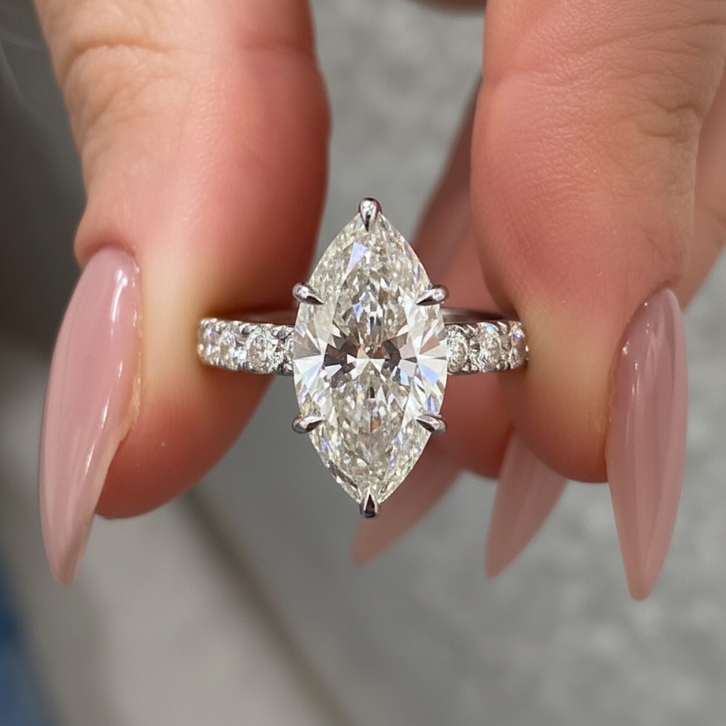 Iconic Marquise Cut Diamond Hidden Halo Pave Band 14K Solid Gold Ring For Women-0