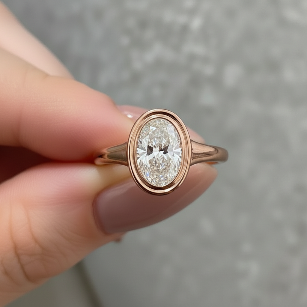 Oval Cut Diamond Bezel Setting 14K Solid Gold Solitaire Ring For Women-3