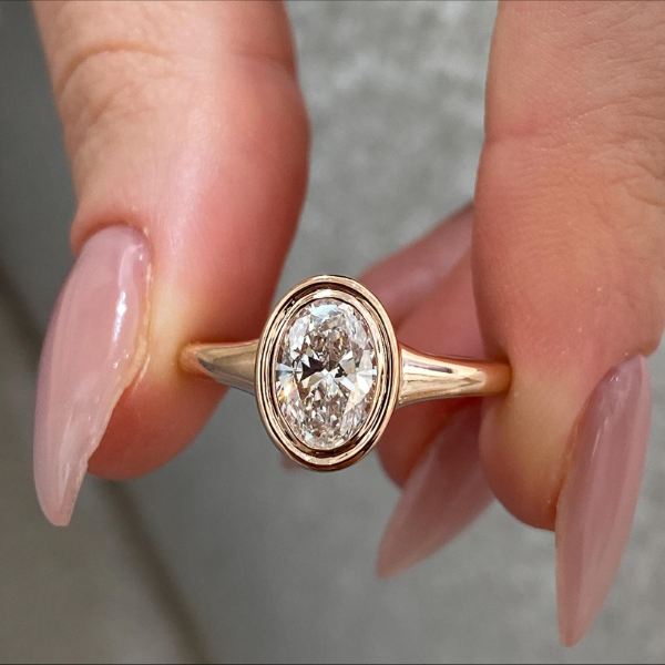 Oval Cut Diamond Bezel Setting 14K Solid Gold Solitaire Ring For Women-4