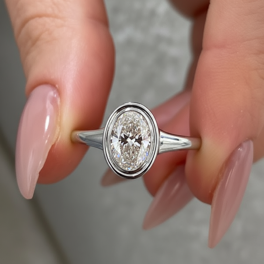 Oval Cut Diamond Bezel Setting 14K Solid Gold Solitaire Ring For Women-2