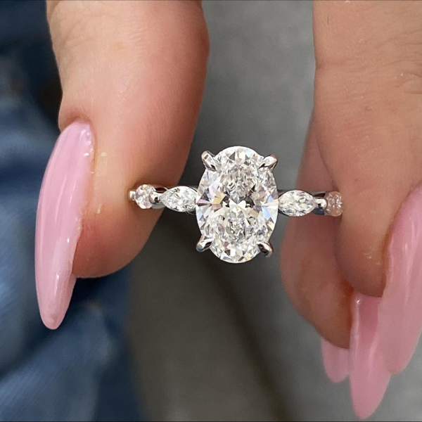 Oval Cut Side Marquise Band Hidden Halo Diamond 14K Solid Gold Engagement Ring