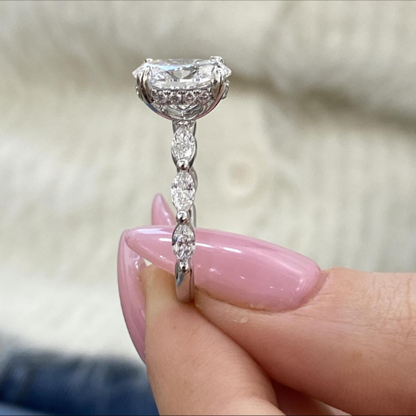 Oval Cut Side Marquise Band Hidden Halo Diamond 14K Solid Gold Engagement Ring