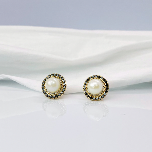 Real South Sea Pearl 14K Gold Earrings stud with Black and white Diamond Jacket-2