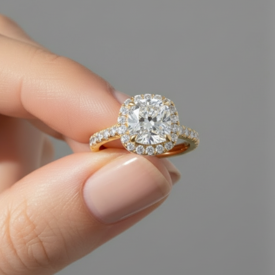 Timeless Cushion Cut Single Halo Pave Band 14K Solid Gold Engagement Ring-0